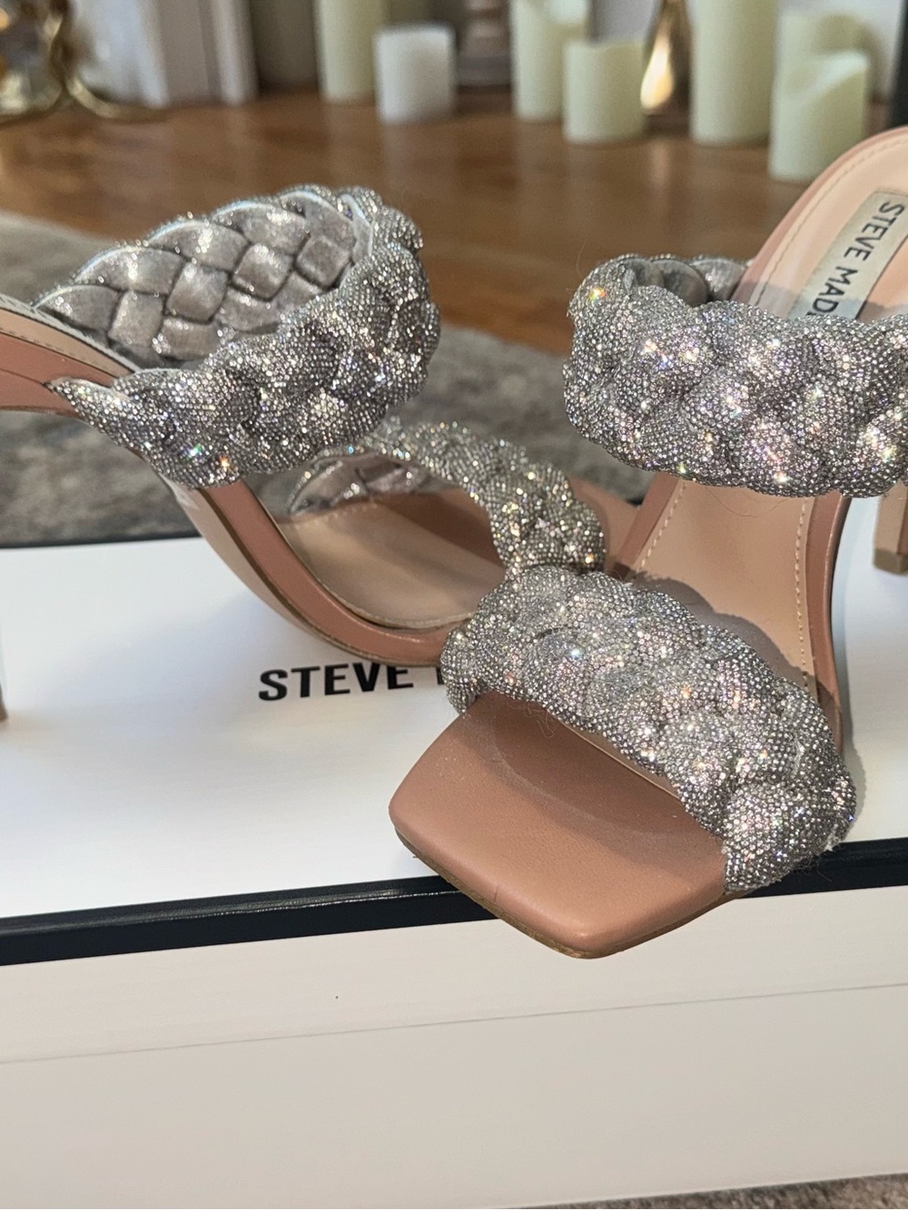 Steve Madden Silver Crystal Braided Strap Heels